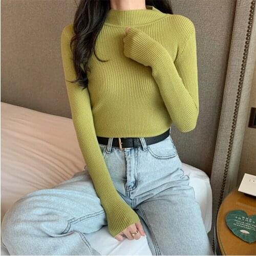 Womens Sweaters Autumn Winter Long Sleeve Thin Half Turtleneck Stretch Knitted Pullover All-Match Solid Basic Sweater Tops