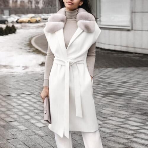 Rabit ladies wool gilet fur collar women 100% woollen vest
