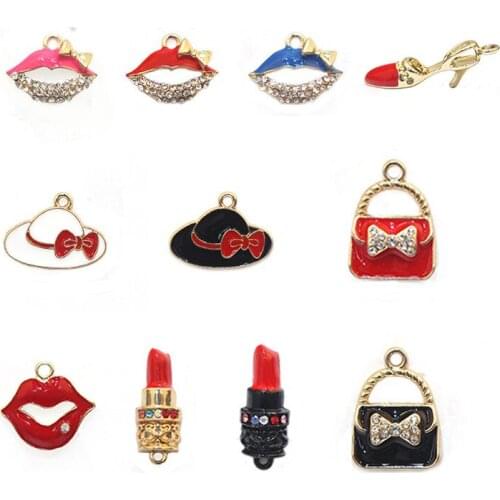 10pcs/lot Crystal Lipstick Red High-heel Bag Shoes Dangle Handmade Enamel Charms Pendant DIY for Bracelet Necklace Bag