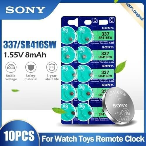 10PCS Sony Original 337 SR416SW SR416 LR416 V337 GP337 1.55V Silver Oxide Battery For Watch Hearing Aid Toys Button Cell Coin