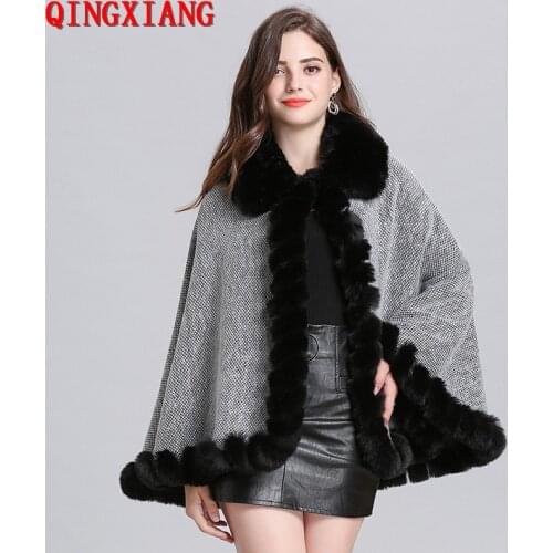 2019 Women Faux Fox Fur Collar Cape New Fashion Poncho Winter Big Cloak Knitted Warm Thick Shawl Big Pendulum Dovetail Cardigan
