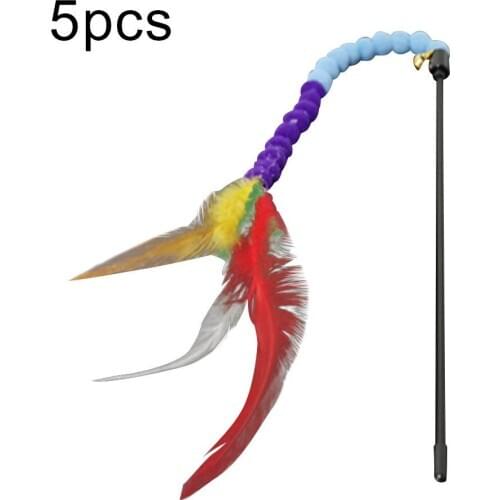 5Pcs Colorful Feather Bell Plush Ball Pet Cats Teaser Stick Wand Interactive Toy