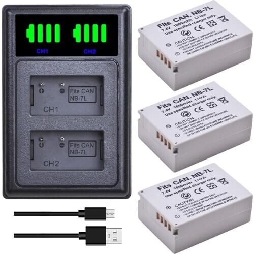 3Pcs NB-7L NB 7L NB7L 1800mAh Batteries + LED USB Dual Charger with Type C Port for Canon PowerShot G10 G11 G12 SX30IS