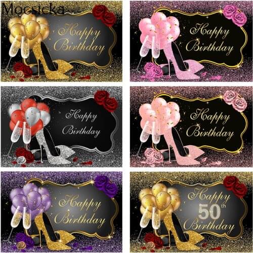 Glitter Gold Happy Birthday Backdrop Red Rose Floral Golden Balloons Heels Champagne Glass Background for Women Birthday Party