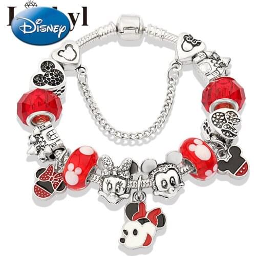 Disney Cartoon Mickey Mouse Minnie Explosion Style Pan Bracelet Red Big Hole Glass Bead Bracelet Red Cartoon Bracelet