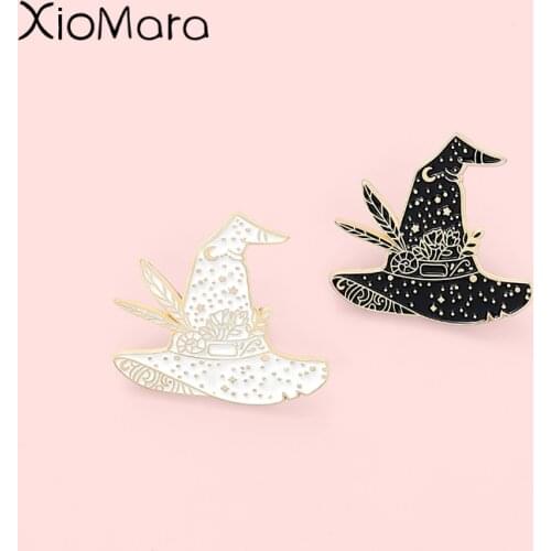 Black and White Wizard Hat Enamel Pins Stars Embellishment Magic Brooches Lapel Badges Jewelry Gift for Friends Wholesale Pin