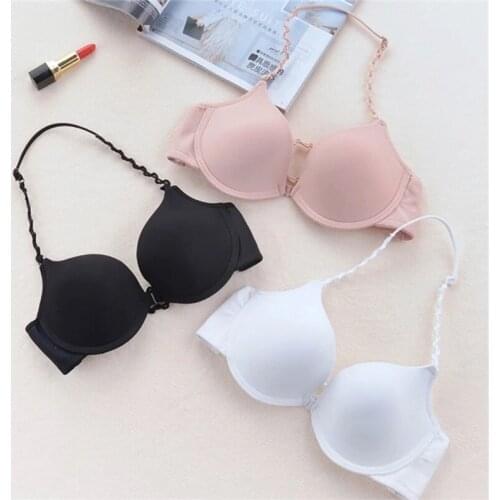 Women Sexy Halter V-Neck Front Buckle Bra Push Up Padded Beauty Backless Underwear Convertible Wavy Strappy Solid Color M6CD