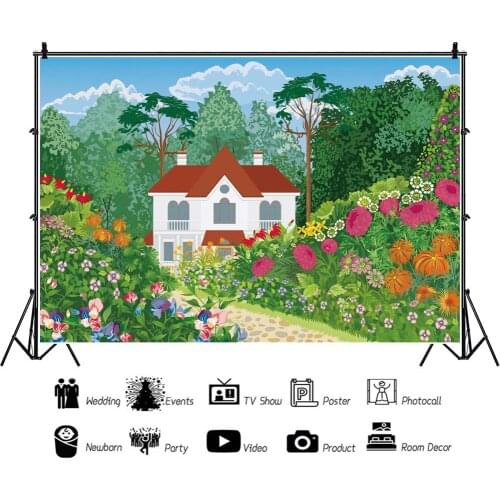 Painted Cartoon Spring Flowers Forest Villa Backdrops Photos Background Decors for Kids Portrait Photography Props