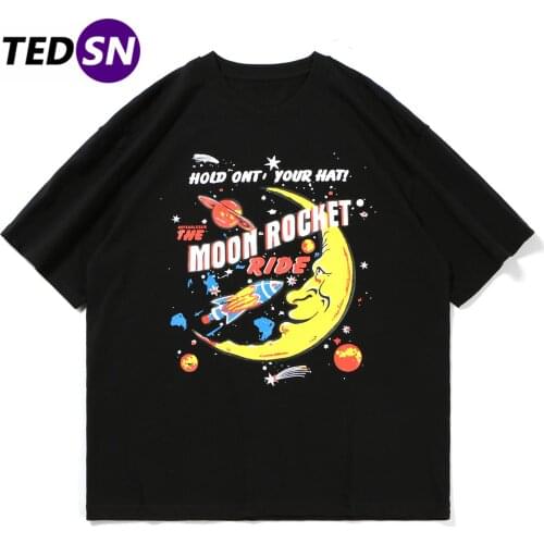 2021 Moon Pocket Print Tshirt Summer Harajuku Loose T Shirt Fashion Casual Cotton Male Tops Tees Fashion Streetwear