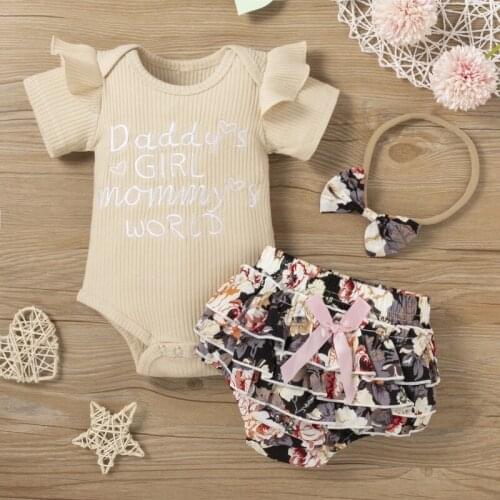 3Pcs Newborn Baby Girl Clothes Set Summer Solid Color Short Sleeve Romper Flower Shorts Headband Outfit New Born Infant Clothing