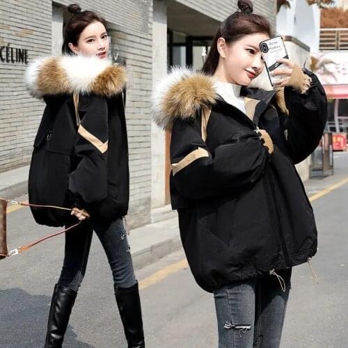 Jackets For Women 2021 Winter Thick Warm Cotton Padded Coat Plus Size Fur Collar Hooded Loose Parka Korean Fashion Chic Outwear