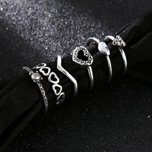 6 Pcs/set Vintage Alloy Metal Heart Rings For Women Fashion Retro Crystal Rhinestone Ring Set Ladies Party Jewelry Bijoux