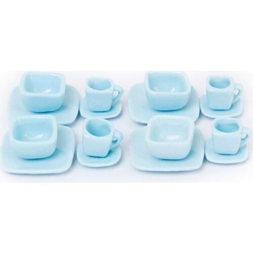 New 16pcs 1/12 Dollhouse Miniature Square Dining Ware Porcelain Tea Set Dish Cup Plate Light Blue Kitchen Toy Dollhouse Decor