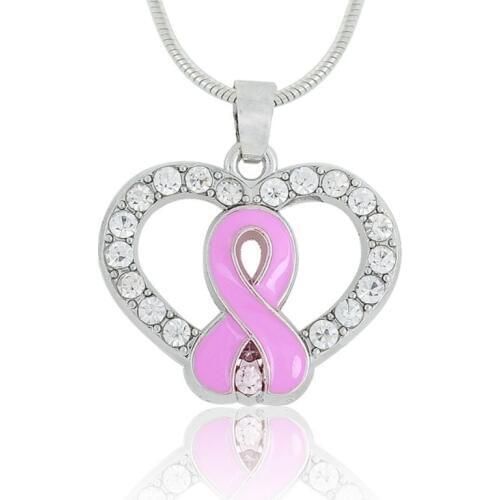Clear Rhinestone Pink Ribbon Heart Pendant Necklace Exquisite Crystal Breast Cancer Awareness Jewelry Gift Wholesale