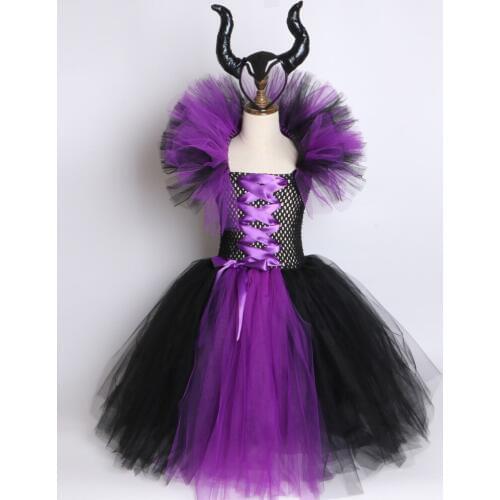 Maleficent Evil Queen Girls Tutu Dress With Horns Halloween Cosplay Witch Costume For Girls Kids Party Dress Clothes