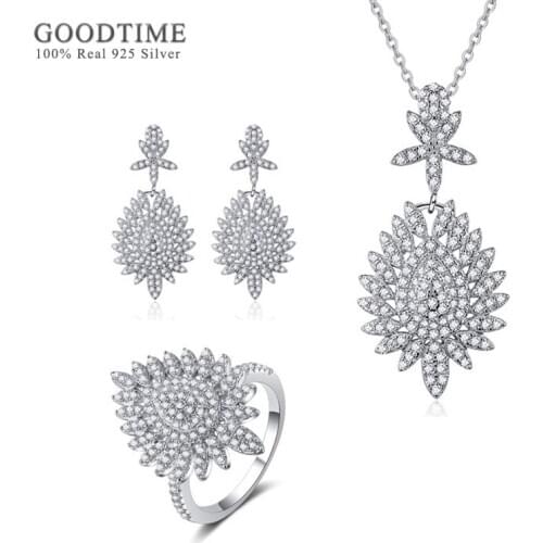 Luxury Pure 925 Sterling Silver Bridal Jewelry Sets Zircon Necklace Earrings Ring Rhinestone Set Accessories Gift For Women