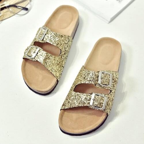 Summer Girls Street Cork Slippers Women Double Belt Sandals Glitter Slides Buckle Sandals Thong Flip Flops Flat Strappy Shoes