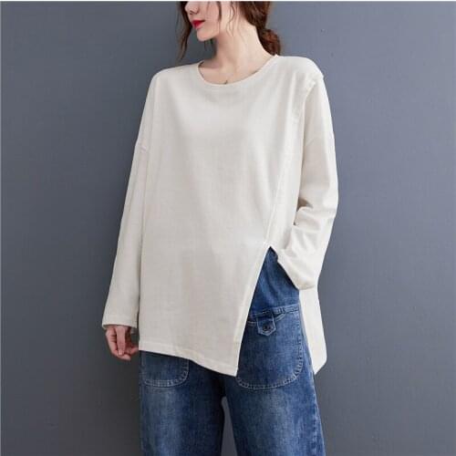 Ladies T shirt Big size Blouse 2021Autumn Spring New Irregularly Split Thin Long Sleeve Casual Solid Color Fashion Tops