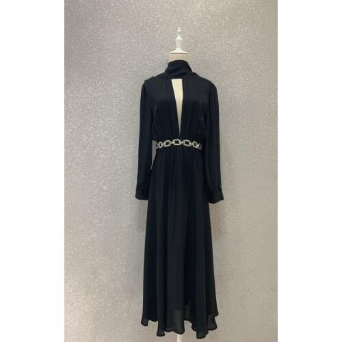 New Ladies Fashion 2021 Long Sleeve High Neck Diamond Belt Back Bow Dress 0312