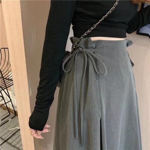 Women Vintage Bandage Lace Up Skirts High Waist Solid A-Line Mid-Calf Skirt Female Korean New Fashion Office Lady Mujer Clothing