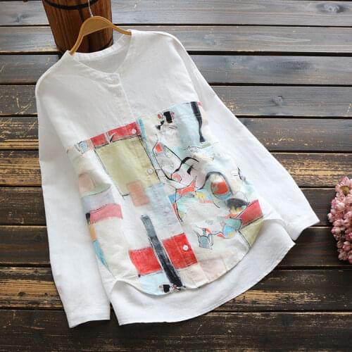 Mori Girl 2019 Vintage Women tshirt Print Cotton Linen Long Sleeves O neck White Fashion Loose Blouse YoYiKamomo