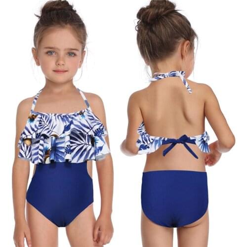 2~10 Year Toddler Baby Girls Swimwear New 2021 Girls Halter Swimsuit Print Ruffle Children Swimwear One Piece Kids Beach Wear
