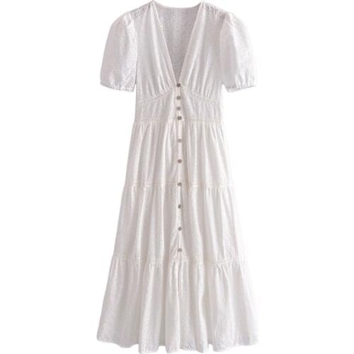 Floral Embroidery Hollow Out Midi Dress Women V Neck Puff Short Sleeve Dresses Ladies Chic A Line White Cotton Dresses