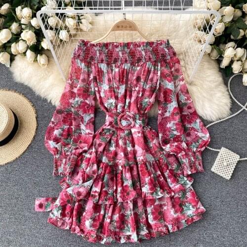 Holiday Style Vintage Printed Floral Dress Womens Sexy Elastic Slash Neck Off Shoulder Elegant Long Sleeve Party Mini Dresses