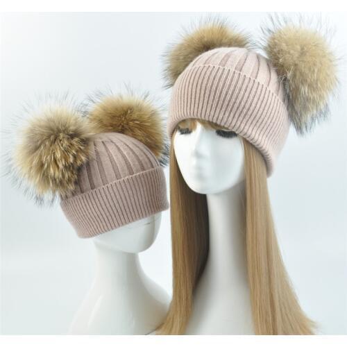 Winter Hat for Children Mom and Baby Wool Cashmere Parent-child Outfit Kniteed Cap Natural Double Real Fur Pompom Beanie Hat