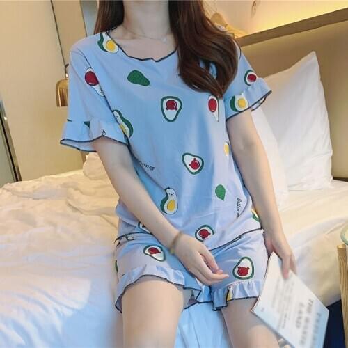 2Pcs Women Pajama Sets Summer New Cute Cartoon Fruit Prints Sleepwear Round Neck Short Sleeve Home Wear