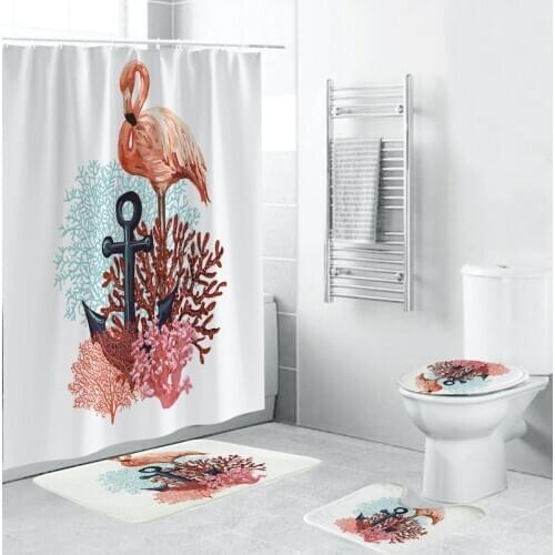 4 Flamingo Leaf Shower Curtain Seats Carpet Covers Toilet Seat MATS Bathtub MATS Are Set For Bathroom Decor
