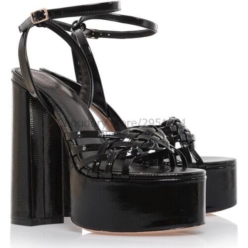 Ladies Black Patent Leather Platform Strappy Sandals Stiletto Heels 14CM Cross Strappy Party Shoes Dress Pumps