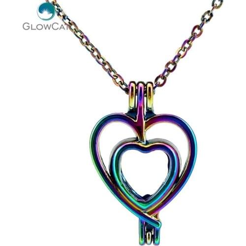 C295 Rainbow Color Sweet Heart Cage Pendant Aroma Essential Oil Diffuser Locket Necklace