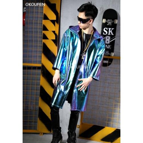 Fashion Male singer long coat costumes Green Laser PU Cool Jacket nightclub bar hairdresser stage singer DJ dance wear