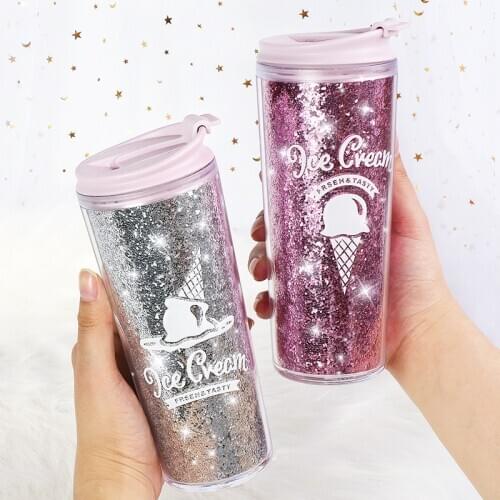 2021 Hot Travel Mug Glitter Cup Ice Cream Pattern Thermos Cups Double-Layer Plastic Coffee Cups With Flip Design Water Bottle