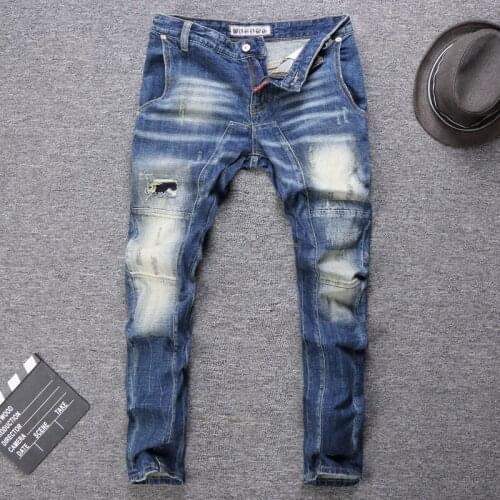 Fashion Streetwear Men Jeans High Quality Slim Fit Elastic Ripped Jeans Men Spliced Designer Biker Pants Hip Hop Jeans Homme