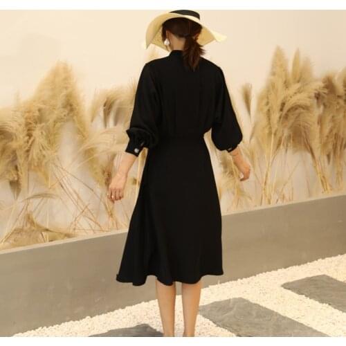 Elegant fashion 2020 autumn women dress with full sleeve and v-neck high quality black asymmetrical long Dress to calf