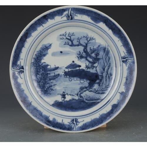 Antique QingDynasty porcelain Plate,blue & white Landscape Character,Hand-painted crafts,Collection&Adornment,Free shipping