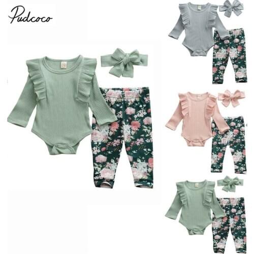2019 Baby Spring Autumn Clothing Newborn Infant Baby Girls Long Sleeve Ruffled Romper Floral Leggings Headband Ribbed Outfits