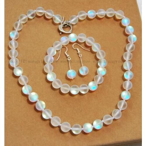 Ping 8mm White Gleamy Rainbow Moonstone Round Beads Necklace Bracelet Earrings Set Jewelry
