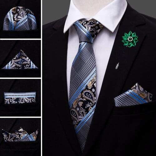 Blue Novelty Men Silk Wedding Tie Brooch Handkerchief Cufflinks Set Geometric Neck Tie For Men Gift Party Business Barry.Wang