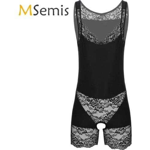 Mens Lingerie Crotchless Sissy Bodysuit Lace Patchwork Scoop Neck Sleeveless Bodyshaper Sissy Nightwear Sleepwear Underwear