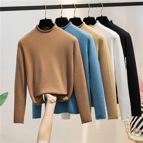 Winter Autumn Korean Undershirt Womens Curling turtleneck Sweater Solid Color All-match Slim pullovers Long-Sleeve Knitwear