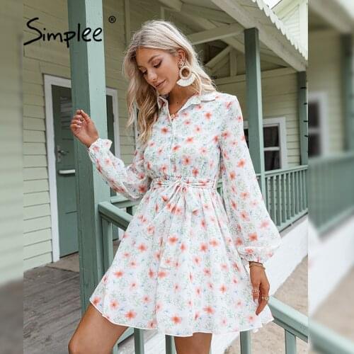 Simplee Ruffled vintage print white summer dress women Elegant long sleeve lapel midi dress Lace up spring slim shirt dresses