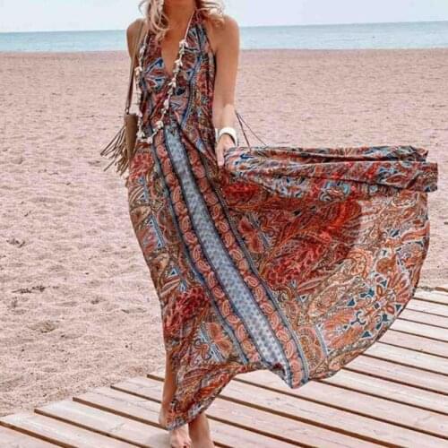 Women Sexy V-Neck Off Shoulder Sleeveless Lace-Up Party Dress Vintage Printed Summer Loose Long Dress Elegant Casual Beach Dress
