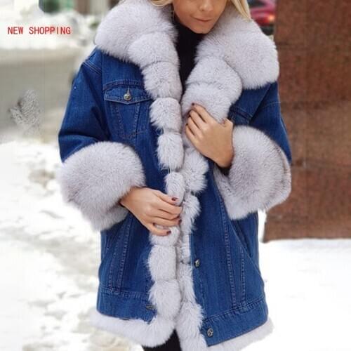 Luxurious Fur Collar Denim Jacket Long-sleeved Fleece Female Casual Winter Warm Coat Women Overcoat Plush Jackets Chaqueta Mujer