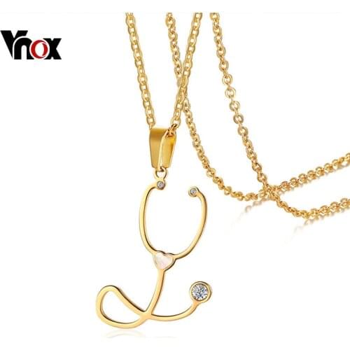 Vnox Stylish Stethoscope Pendant for Women Necklace Gold Color Stainless Steel AAA CZ Stone Female Jewelry Doctor Nurse Gift