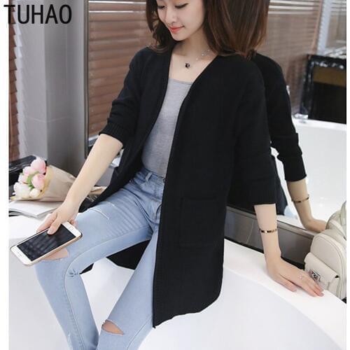 TUHAO Streetwear Femme Knitted Sweaters Coat Pockets Solid Cardigans Long Sleeves Knit Overcoat Autumn Style Cardigan HC44