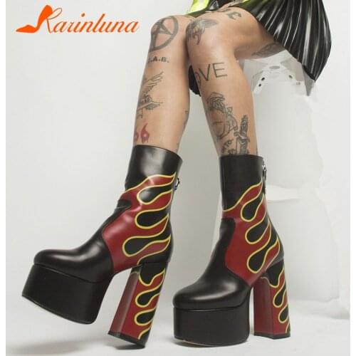 Luxury Brand Ladies Printed Flame Thick High Heels Ankle Boots Fashion Platform Boots Women Party Sexy Gothic Shoes Woman
