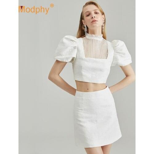 Elegant White Women Set Bubble Short-Sleeved Top & A-Line Mini Skirt 2 Two-Piece Set 2020 Fashion New Female Party Skirt Suit